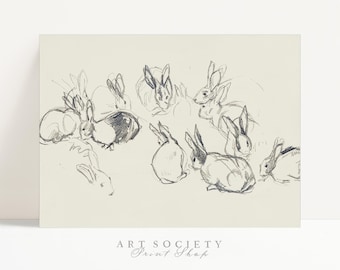 Vintage Rabbits Pencil Drawing: Antique Bunny Sketch, Wildlife Digital Download, D10