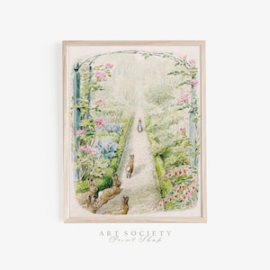 Conejitos Flopsy y Peter Rabbit, Arte de acuarela vintage, Cuentos clásicos de Beatrix Potter, Decoración nostálgica para la pared de una habitación infantil, Descarga instantánea, N16