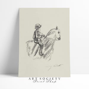 May include: A black and white pencil sketch of a person riding a horse. The drawing is on a light beige background.