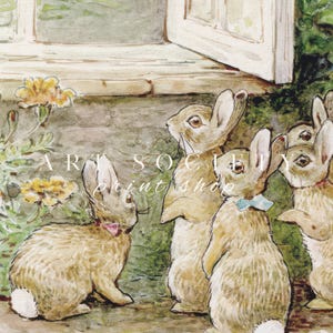 May include: Watercolor illustration featuring a group of rabbits gathered near a doorway. The rabbits are depicted in shades of brown and tan, with some wearing bowties. The scene has a vintage, storybook aesthetic, with text that reads "ART SOCIETY print shop".
