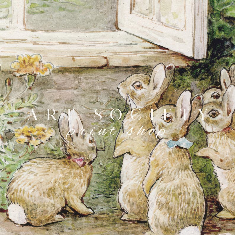 May include: Watercolor illustration featuring a group of rabbits gathered near a doorway. The rabbits are depicted in shades of brown and tan, with some wearing bowties. The scene has a vintage, storybook aesthetic, with text that reads "ART SOCIETY print shop".
