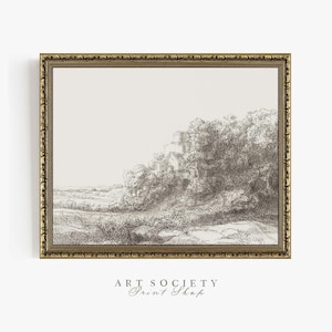 May include: A black and white sketch of a landscape with a building in the distance. The sketch is framed in a gold frame.