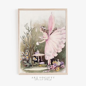 Pink Fairy, Vintage Nursery Watercolour, Fantasy Fairyland Wall Decor, Nostalgic Art for Girl’s Room, Art Deco Fairy, PRINTABLE, N9