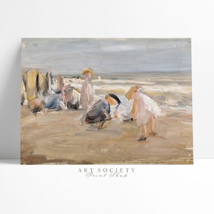 Cuadro de playa, niños jugando, escena costera de verano, paisaje costero antiguo, arte imprimible de verano, C2