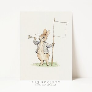 May include: A watercolor illustration of a brown rabbit wearing a blue jacket, standing on a patch of green grass. The rabbit holds a long, thin trumpet to its mouth and grips a tall wooden pole topped with a blank white rectangular flag.