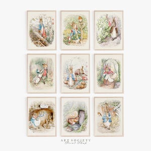 May include: A collection of nine watercolour art prints featuring Peter Rabbit and other woodland creatures in various outdoor settings, including garden scenes, forest paths, and a burrow interior with a sign reading 'Post Office'.