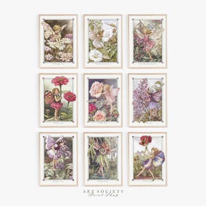 Op de afbeelding: Een collectie van negen rechthoekige kunstdrukken met gedetailleerde aquarelillustraties van feeën die interageren met diverse bloemen en planten, elk ingelijst in een lichte houten rand met de tekst Art Society Print Shop eronder.