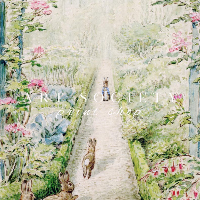May include: Watercolor illustration of a garden path with rabbits. The path is lined with green hedges, pink flowers, and blue trellises. One rabbit wears a blue jacket. The text "ARTS SOCIETY print shop" is in the center.