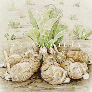 May include: Watercolor illustration of five sleeping rabbits huddled together under a large green leafy plant. The rabbits have brown and tan fur, and the scene is set in a garden or field. The text "ART SOCIETY print shop" is visible.