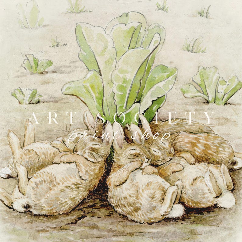 May include: Watercolor illustration of five sleeping rabbits huddled together under a large green leafy plant. The rabbits have brown and tan fur, and the scene is set in a garden or field. The text "ART SOCIETY print shop" is visible.