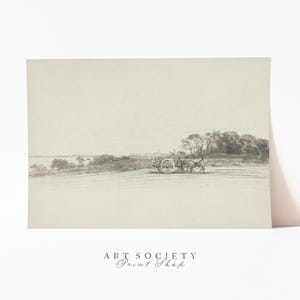 フィールド鉛筆画、馬と荷馬車を持つ農夫の絵、田舎のスケッチ、アンティークな風景、中立的なミニマリストの田園風景、印刷可能、D8
