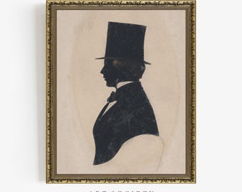 Victorian Gentleman Silhouette Portrait, Antique Male in Top Hat, Profile of a Man, Printable, V9