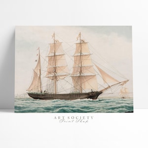 Sailing Ship, Marine Watercolour, Nautical Landscape, Vintage Maritime Wall Decor, Antique Tall Ship Painting, Seascape Printable Art, M8