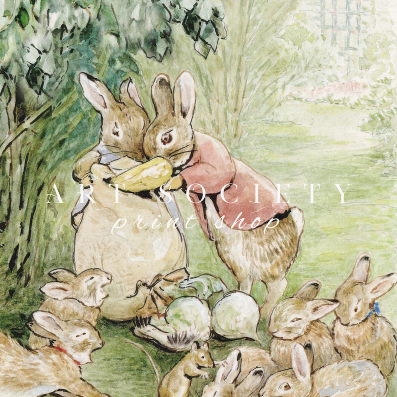May include: Watercolor illustration featuring several rabbits in a garden setting. Two rabbits embrace, holding a sack of vegetables. Other rabbits surround them, with a variety of vegetables scattered on the ground. The text "ART SOCIETY print shop" is visible.