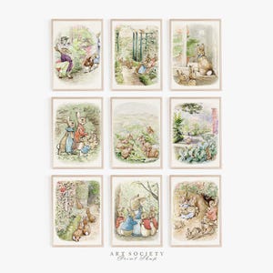 Puede incluir: Una colección de nueve ilustraciones en acuarela enmarcadas que presentan a Peter Rabbit y otros conejos en diversos entornos de jardines y bosques, representados en tonos pastel suaves con líneas detalladas, dispuestos en una cuadrícula de tres por tres.