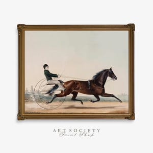 May include: A vintage illustration of a brown horse pulling a two-wheeled carriage. The horse is running at full speed, and the driver is wearing a green jacket and a black hat.