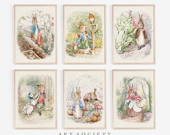 Peter Rabbit Drucke, Set von 6, Vintage Beatrix Potter Kindergarten Kunst, Digital Download, N15