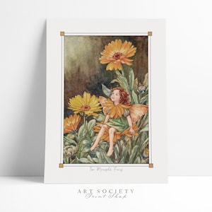 Hada de la Caléndula, Flor de Jardín Vintage, Arte de Cuentos de Hadas, Póster de Acuarela del País de las Hadas, Decoración Retro de Pared de Hadas, Imprimible, N28