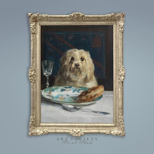 Vintage Maltese Dog Print, Antique Pet Meal Scene, Animal Painting, Instant Download, E1