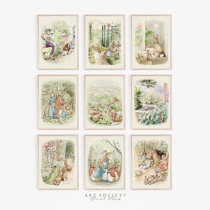 May include: A collection of nine framed watercolor illustrations featuring anthropomorphic rabbits in various garden and woodland settings, depicted in soft muted tones of brown, green, and blue, with the text Art Society Print Shop at the bottom.