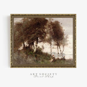 Op de afbeelding: Een vintage schilderij van een landschap met bomen en figuren op de voorgrond. Het schilderij is ingelijst in een gouden lijst.