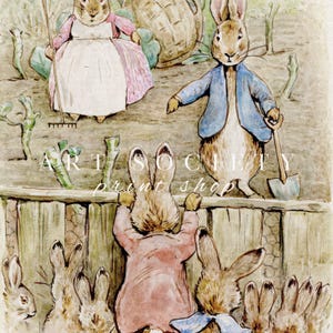 May include: Watercolor illustration featuring rabbits in a garden setting. One rabbit wears a blue jacket and holds a shovel, while another wears a pink dress and holds a rake. Other rabbits are seen peering over a wooden fence. The text "ART SOCIETY print shop" is visible.