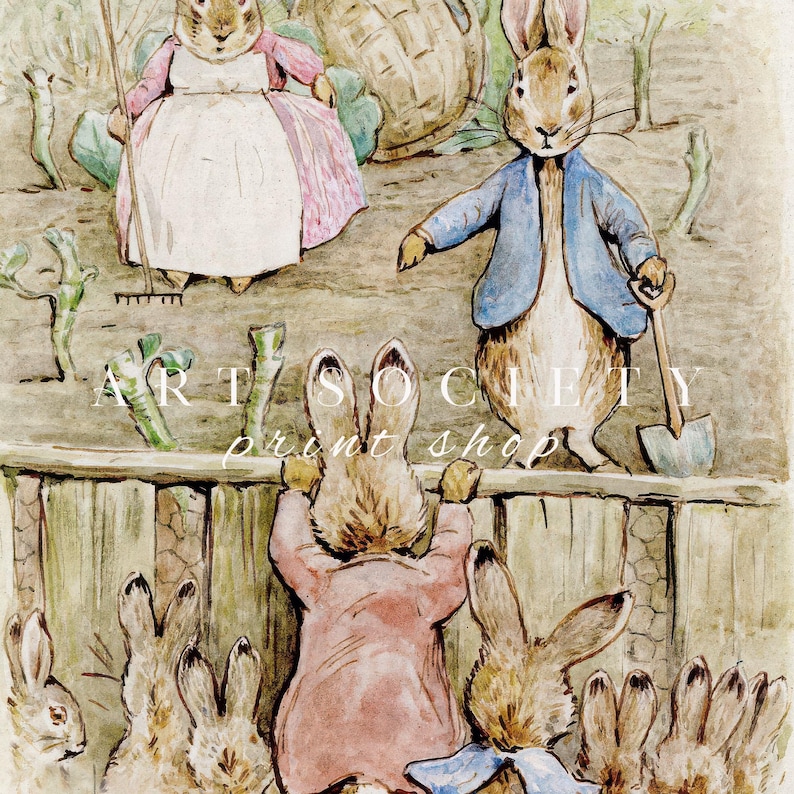 May include: Watercolor illustration featuring rabbits in a garden setting. One rabbit wears a blue jacket and holds a shovel, while another wears a pink dress and holds a rake. Other rabbits are seen peering over a wooden fence. The text "ART SOCIETY print shop" is visible.