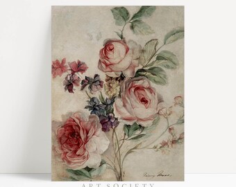 Pintura de rosas vintage en acuarela, lámina botánica antigua, bodegón floral, descarga instantánea, B8