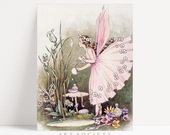 Pink Fairy Print, Vintage Fairyland, Art Deco Nursery Decor, Digital Download, N9