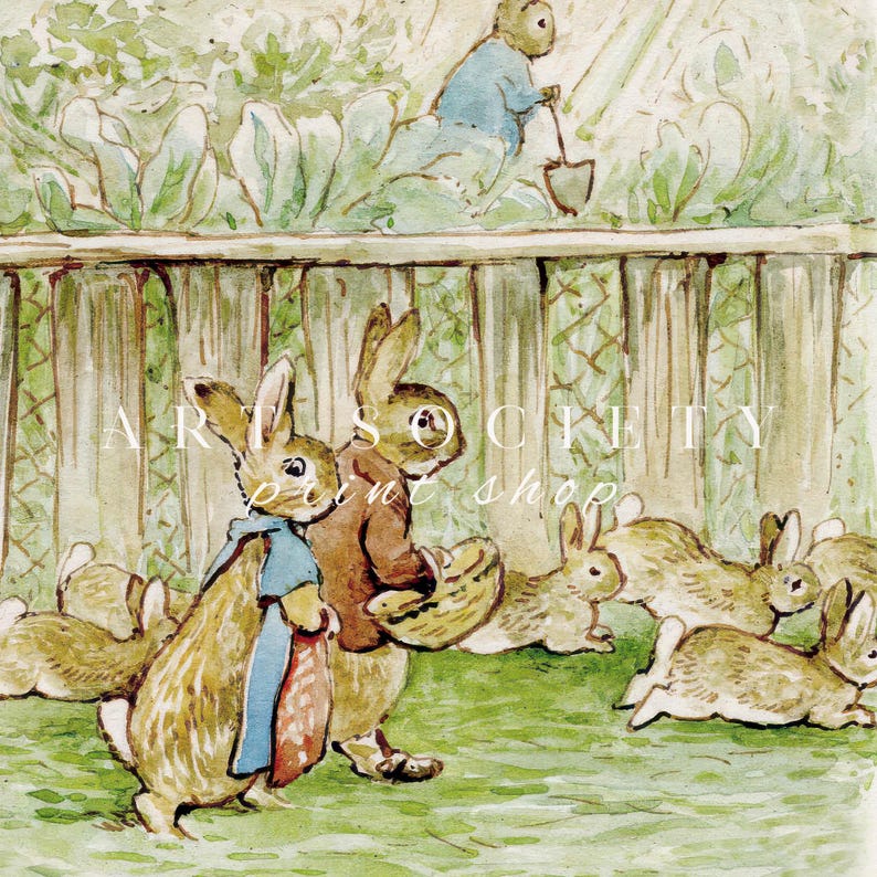 May include: Watercolor illustration featuring rabbits in a garden setting. One rabbit wears a blue jacket and carries a basket, while another tends to the garden. Other rabbits are scattered around the scene.