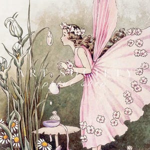 Pink Fairy, Vintage Nursery Watercolour, Fantasy Fairyland Wall Decor, Nostalgic Art for Girl’s Room, Art Deco Fairy, PRINTABLE, N9