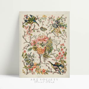 May include: A vertical rectangular art print featuring a cream background with a botanical illustration of colorful birds, a butterfly, and various flowers. The design includes intricate branches, clusters of berries, and vibrant floral blooms.