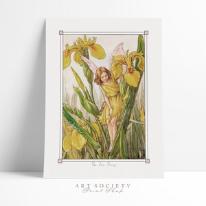 Die Iris Fee, Blumenfee Wanddekor, Vintage Märchenlandschaft, Aquarell Geschichte Buch Fee, gelbe Fee Poster, Mädchenzimmer druckbar, N30