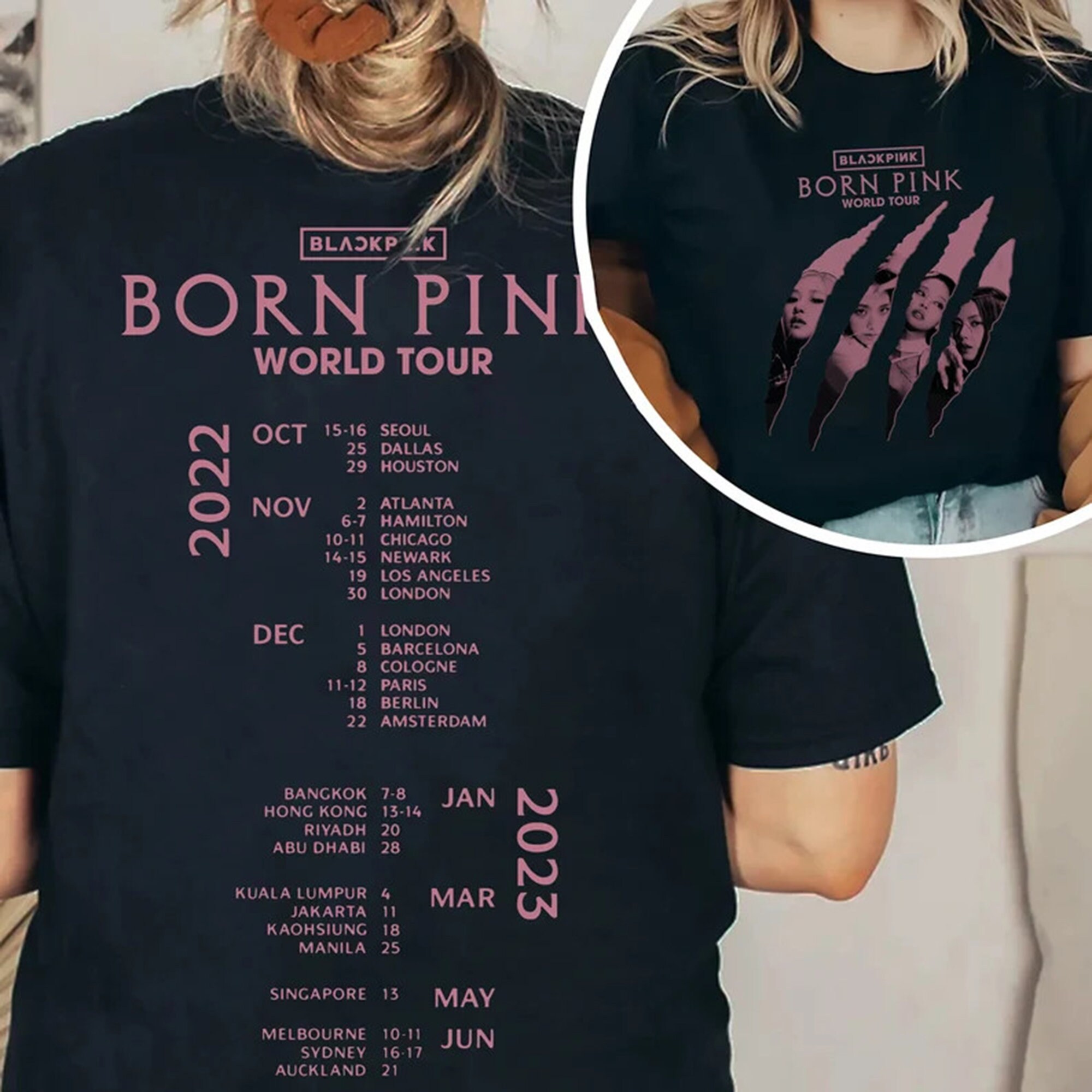 Discover Camiseta de Doble Cara Black Pink Born Pink World Tour 2022 2023 Álbum Pink Venom para Hombre Mujer