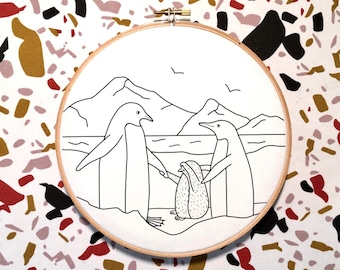 Penguins with baby penguin embroidery, template, beginners-advanced, embroidery file, handmade gift,  animal embroidery pattern, PDF file