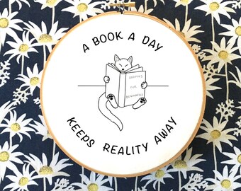 A Book a Day Embroidery Pattern Cat Reading Book Embroidery Learners-advanced, Cat Embroidery, Handmade Ideal Gift for Booklover Funny PDF