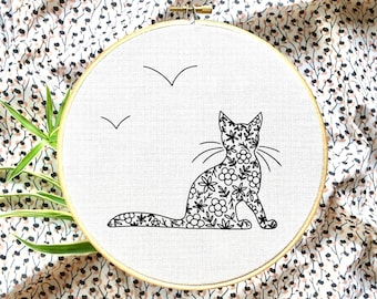 Diseño de bordado amante de los gatos, descarga de patrón en PDF, bordado de gatos fácil, para bordados principiantes o avanzados, solo plantilla, gato con flores