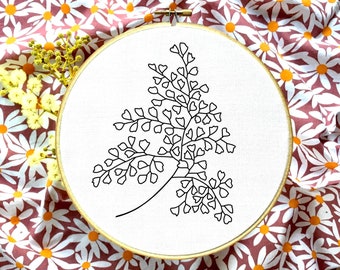 Maidenhair fern embroidery, beginners-advanced, PDF template, embroidery file, handmade gift, leaf design, fern pattern hand hoop embroidery