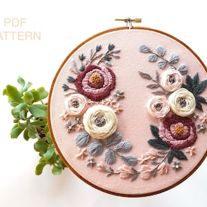 Embroidery pattern PDF instant digital download.   Downloadable DIY hand embroidery floral wreath pattern. 7 or 8&quot; hoop.  Flower pattern.