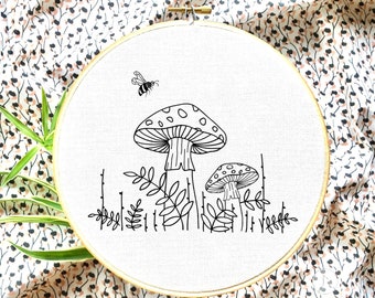 キノコの刺繍パターン、魔法のような気まぐれな刺繍、PDF、初心者/上級者向け刺繍、テンプレート、森の風景、手刺繍