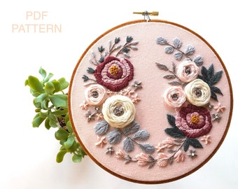 Embroidery pattern PDF instant digital download.   Downloadable DIY hand embroidery floral wreath pattern. 7 or 8" hoop.  Flower pattern.