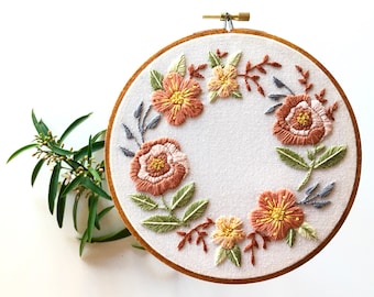 PDF embroidery pattern/flower pattern/digital download/botanical/6" hoop/wreath/floral hand embroidery/detailed instructions/home decor