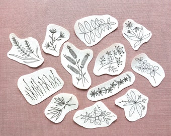 12 stick and stitch pre-printed embroidery designs/water soluble patches/plants/stick on designs/hand embroidery/easy/wash-away