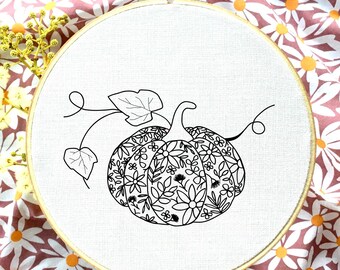 Halloween flower pumpkin embroidery template, fall colours, autumn craft, PDF, beginners+, fall embroidery project, Halloween gift