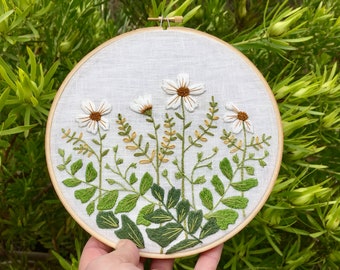 PDF botanical embroidery/digital download/daisies and ferns,/detailed instructions/patterns for 6, 7, 8" hoops/learn embroidery