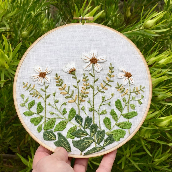 PDF botanical embroidery/digital download/daisies and ferns,/detailed instructions/patterns for 6, 7, 8" hoops/learn embroidery