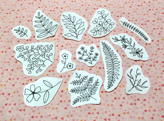 13 stick and stitch pre-printed embroidery designs/water soluble patches/ferns and flowers /stick on designs/hand embroidery/easy/wash-away