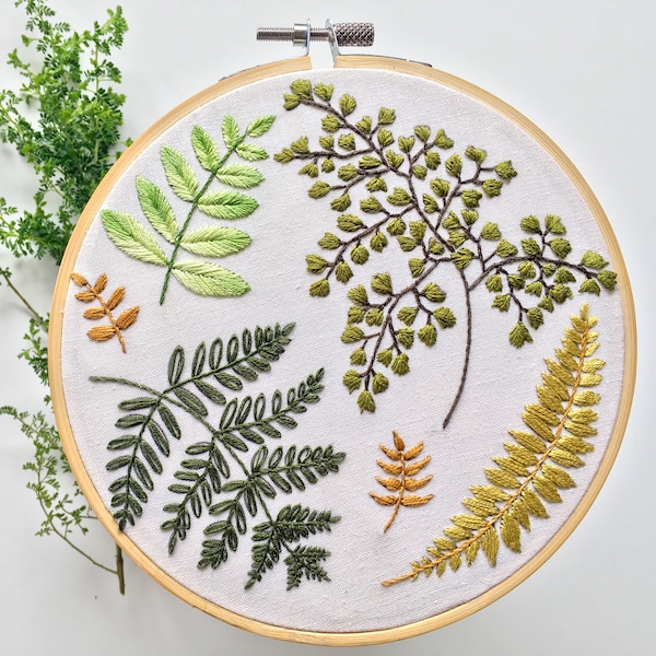 PDF embroidery pattern/fern pattern /digital download/6 or 7" hoop/hand embroidery/detailed instructions/leaves.