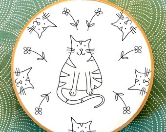 Cute stylised cat embroidery, PDF template, beginners or advanced, embroidery file, handmade gift, animal embroidery, cat embroidery