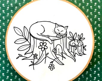 Sleeping cat and mouse embroidery, PDF template, beginners or advanced, embroidery file, handmade gift, animal embroidery, cat embroidery